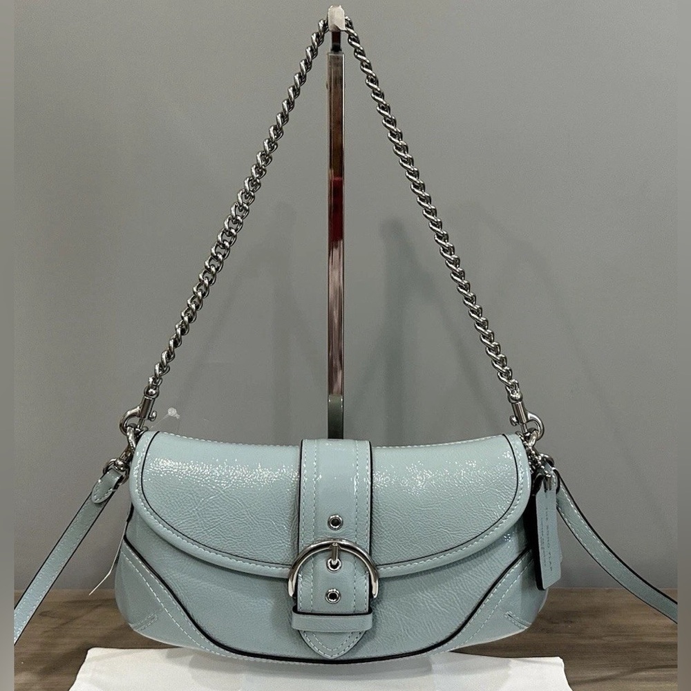 COACH CAN43 Soho Bag 25 Shoulder/Crossbody Crinkle Patent Leather Light Blue - Picture 4 of 14